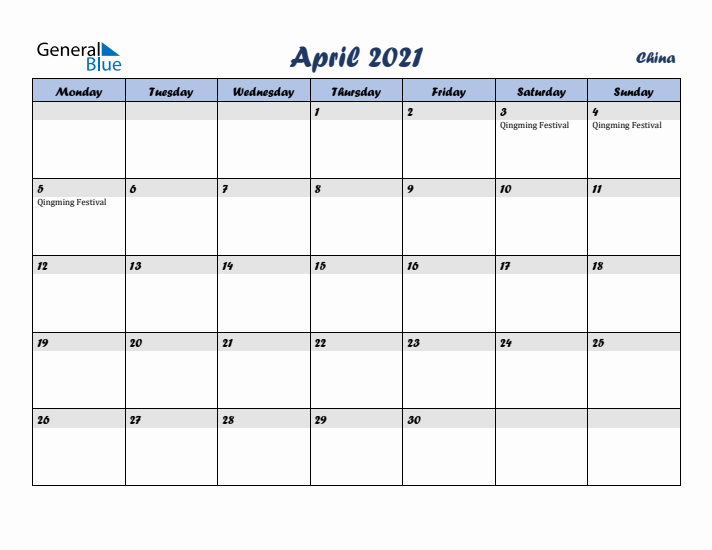 April 2021 Calendar with Holidays in China