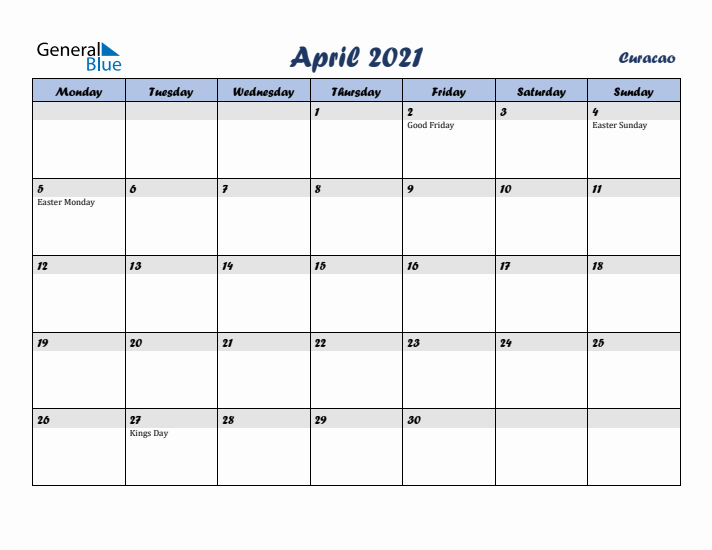 April 2021 Calendar with Holidays in Curacao