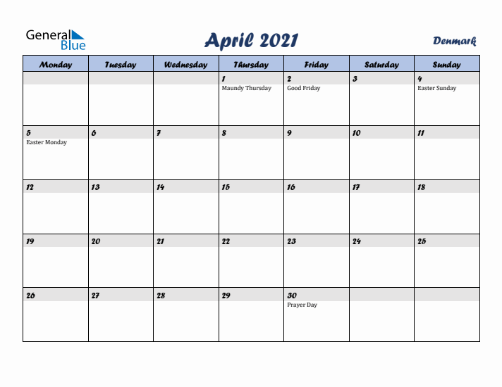 April 2021 Calendar with Holidays in Denmark