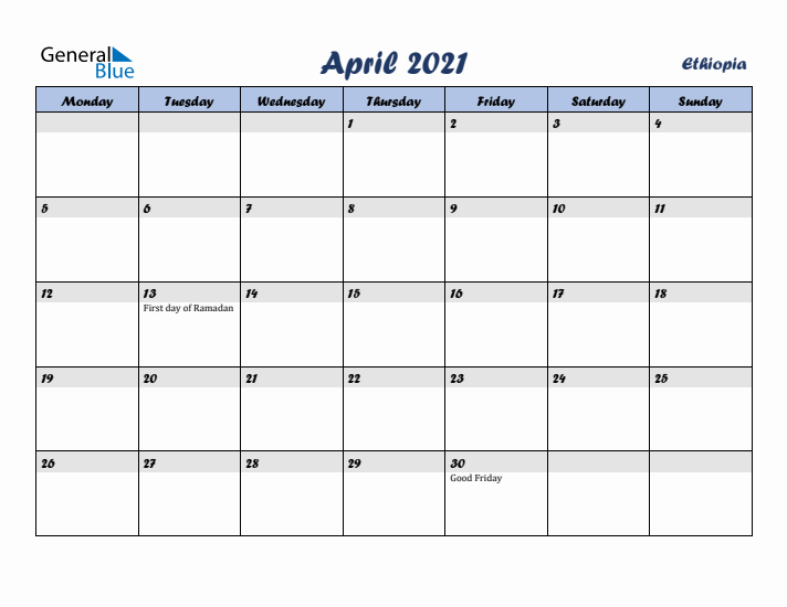 April 2021 Calendar with Holidays in Ethiopia