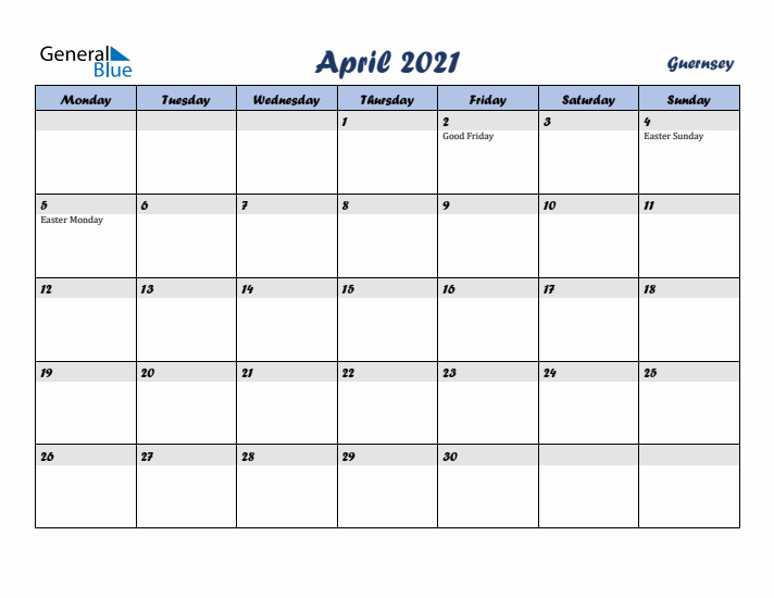 April 2021 Calendar with Holidays in Guernsey