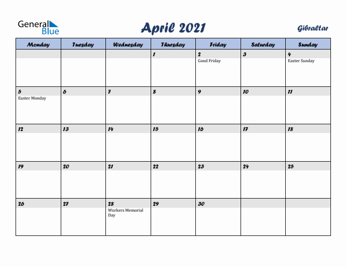 April 2021 Calendar with Holidays in Gibraltar