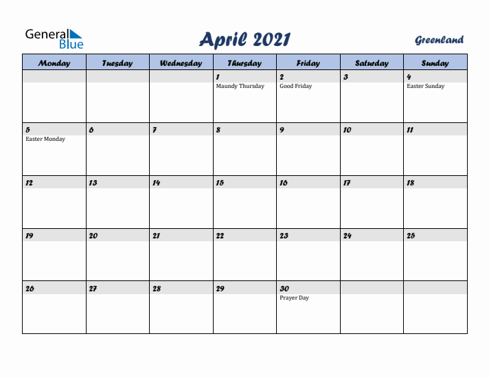 April 2021 Calendar with Holidays in Greenland