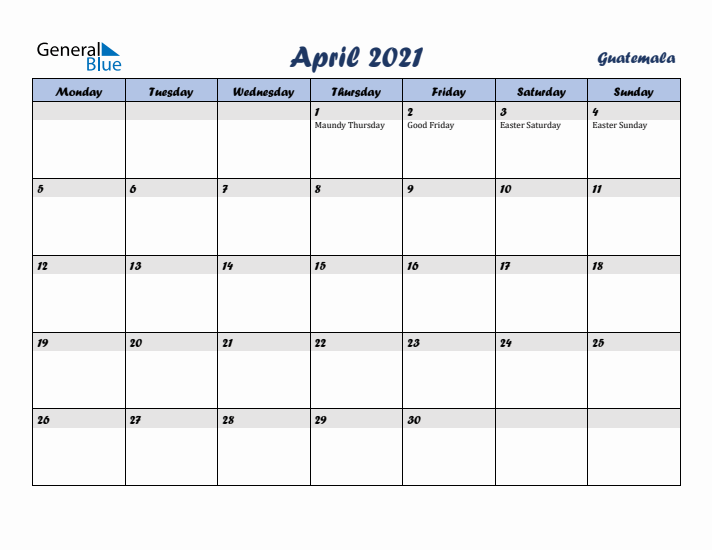 April 2021 Calendar with Holidays in Guatemala