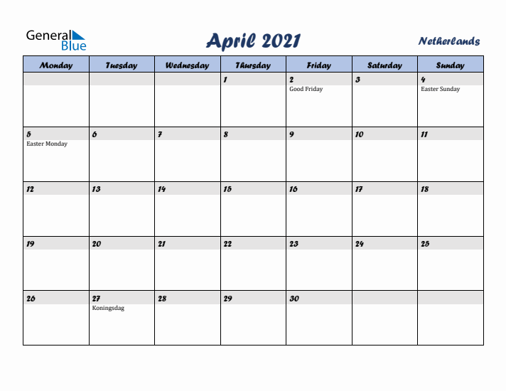 April 2021 Calendar with Holidays in The Netherlands