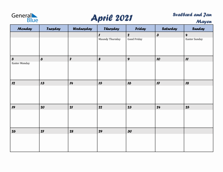 April 2021 Calendar with Holidays in Svalbard and Jan Mayen