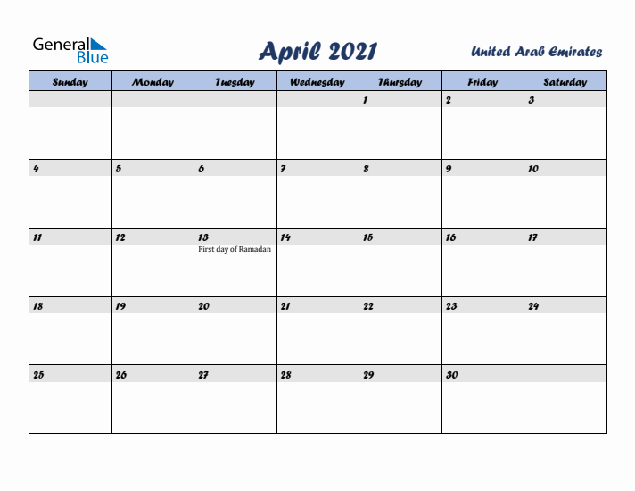 April 2021 Calendar with Holidays in United Arab Emirates