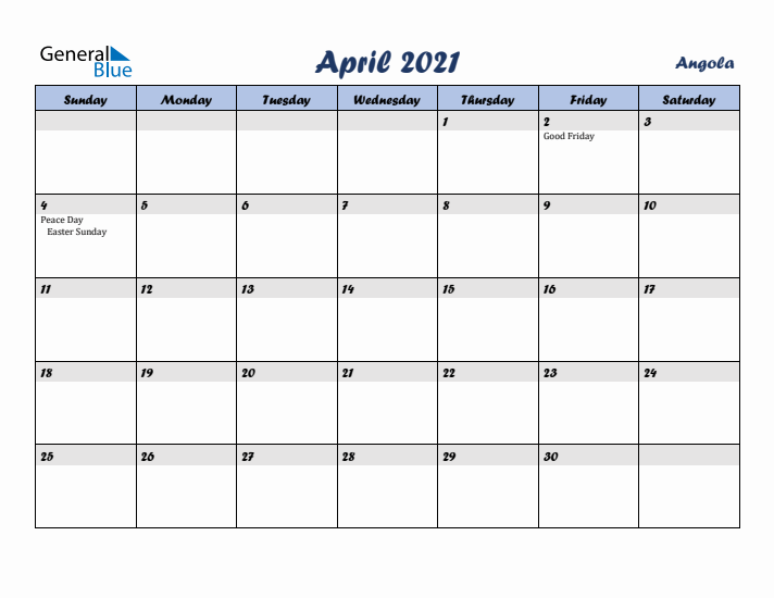 April 2021 Calendar with Holidays in Angola