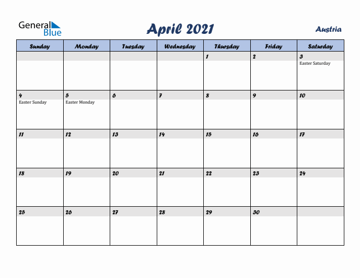 April 2021 Calendar with Holidays in Austria