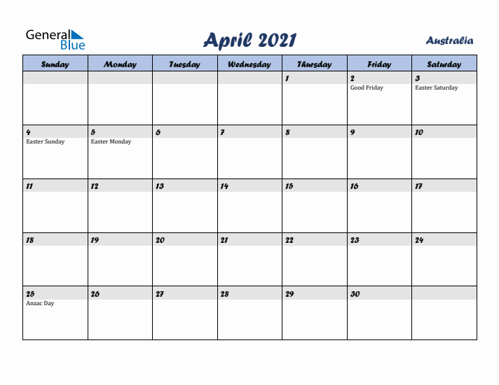 April 2021 Calendar with Holidays in Australia