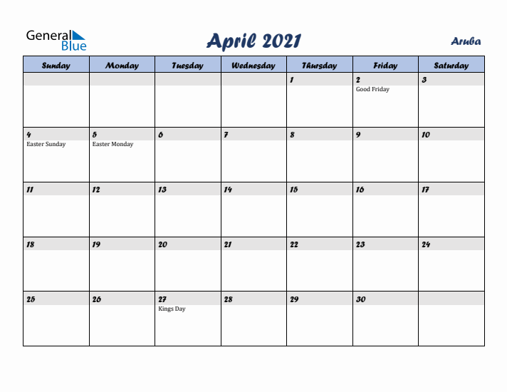 April 2021 Calendar with Holidays in Aruba