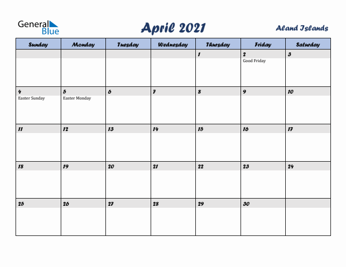 April 2021 Calendar with Holidays in Aland Islands