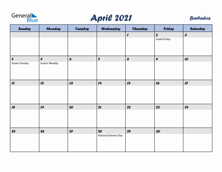 April 2021 Calendar with Holidays in Barbados