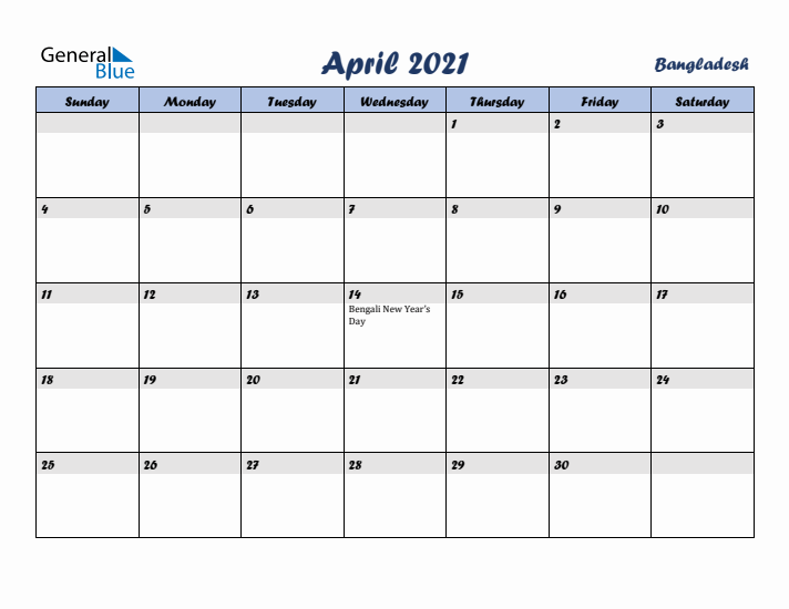 April 2021 Calendar with Holidays in Bangladesh