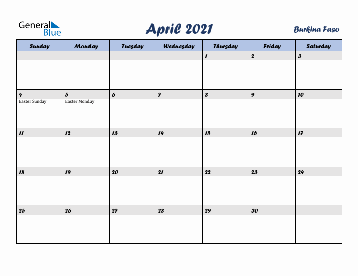 April 2021 Calendar with Holidays in Burkina Faso