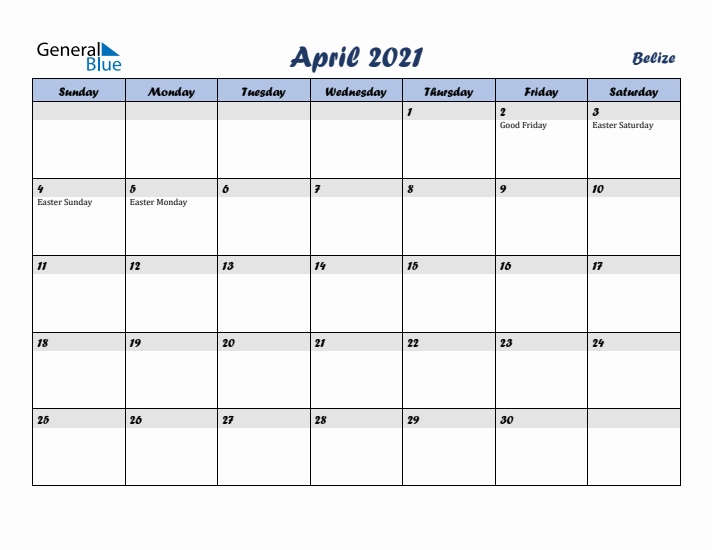 April 2021 Calendar with Holidays in Belize