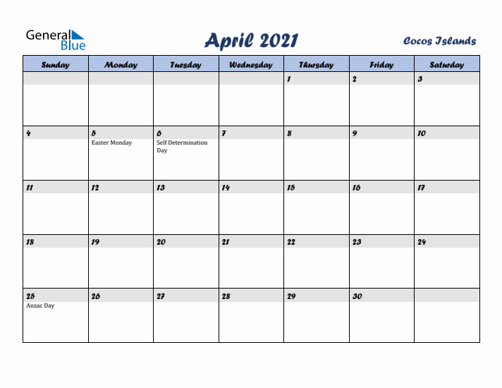 April 2021 Calendar with Holidays in Cocos Islands