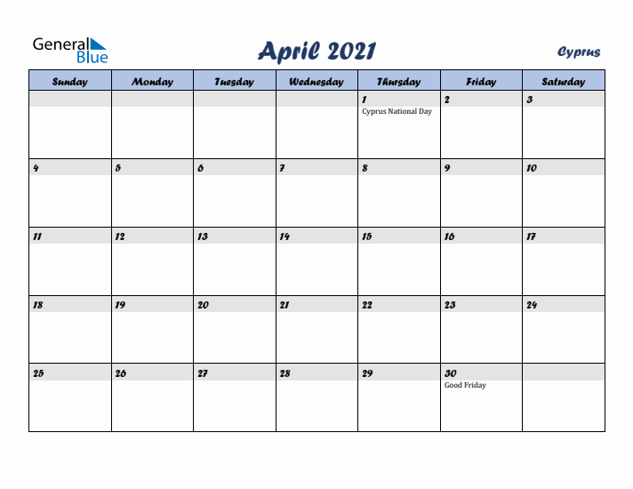 April 2021 Calendar with Holidays in Cyprus