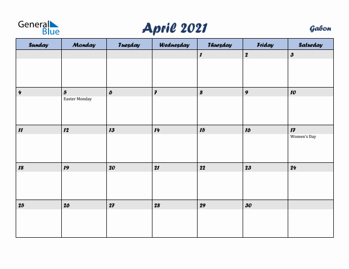 April 2021 Calendar with Holidays in Gabon