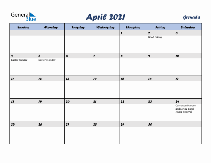 April 2021 Calendar with Holidays in Grenada