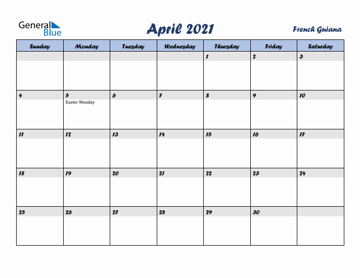 April 2021 Calendar with Holidays in French Guiana