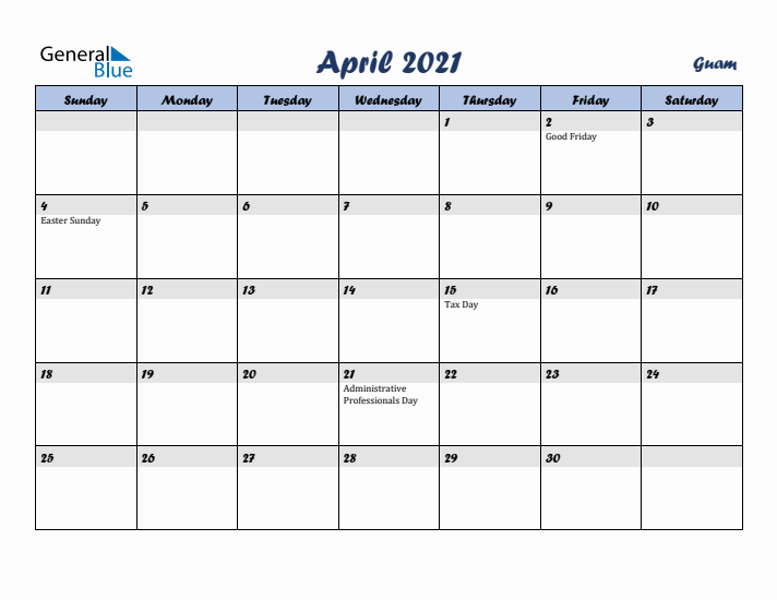 April 2021 Calendar with Holidays in Guam