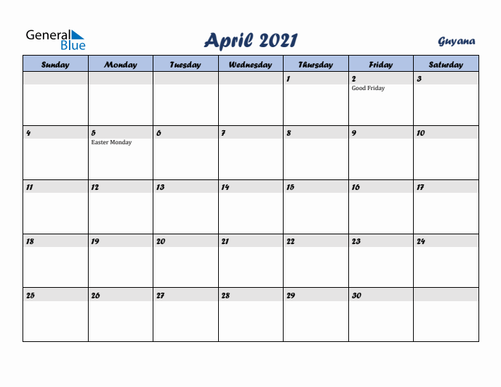 April 2021 Calendar with Holidays in Guyana