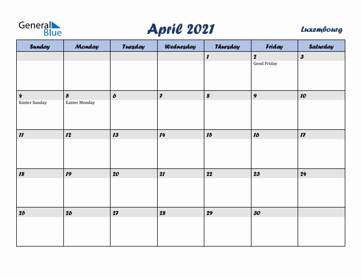 April 2021 Calendar with Holidays in Luxembourg