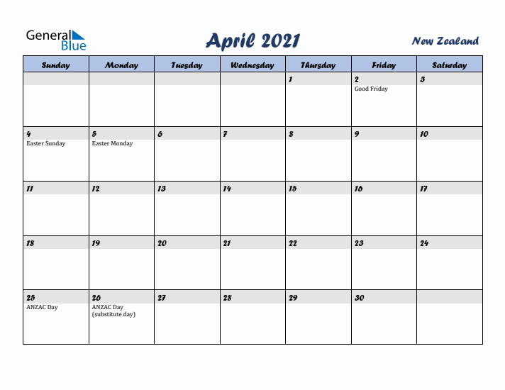 April 2021 Calendar with Holidays in New Zealand