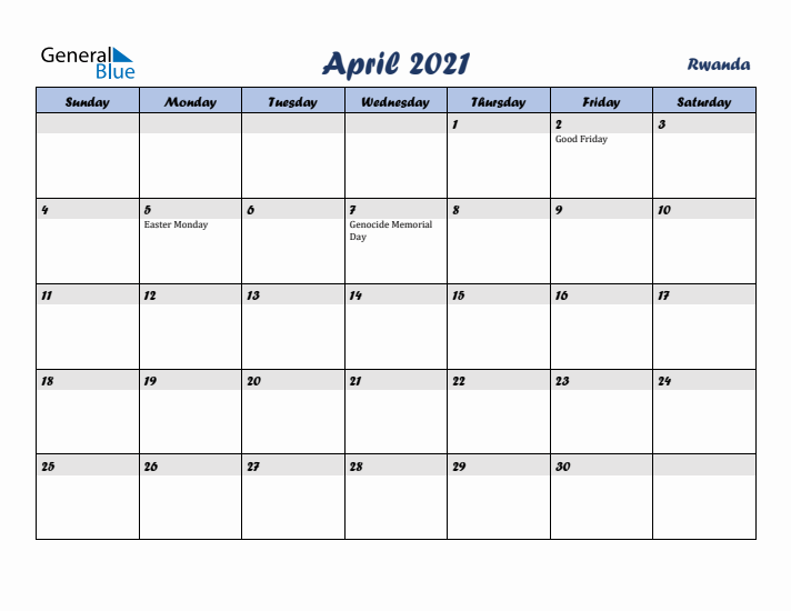 April 2021 Calendar with Holidays in Rwanda