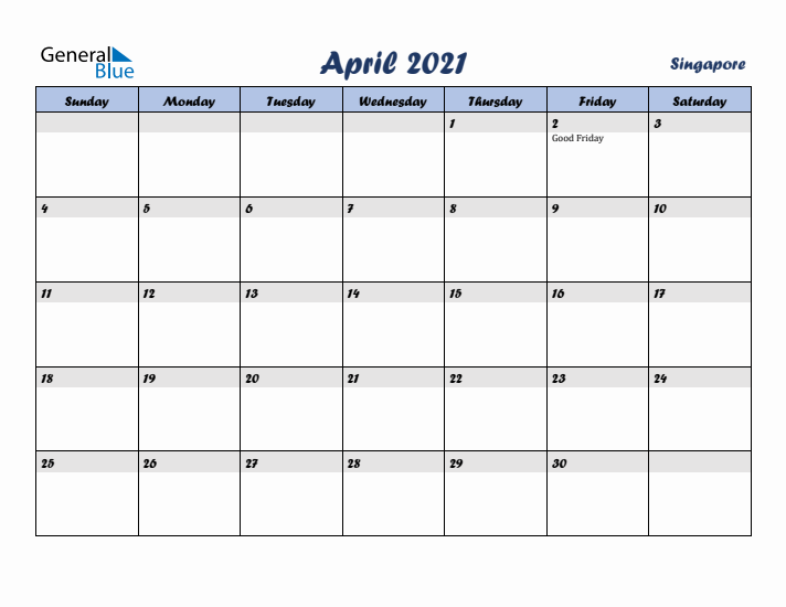 April 2021 Calendar with Holidays in Singapore