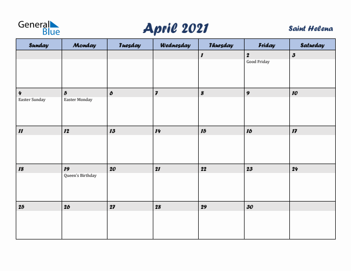 April 2021 Calendar with Holidays in Saint Helena