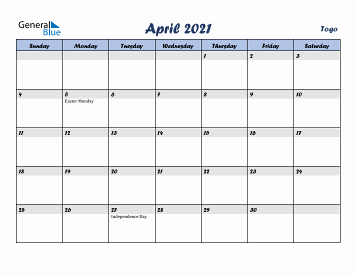 April 2021 Calendar with Holidays in Togo