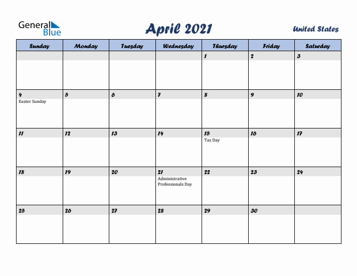 April 2021 Calendar with Holidays in United States