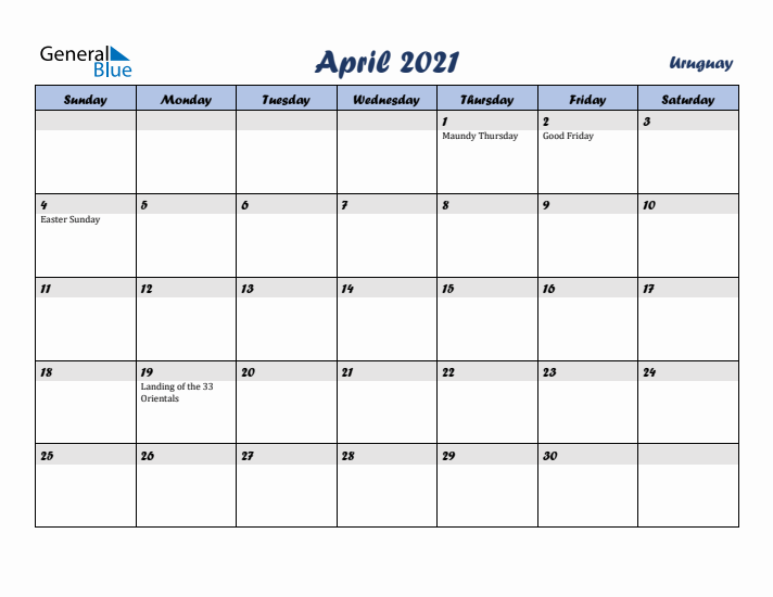 April 2021 Calendar with Holidays in Uruguay