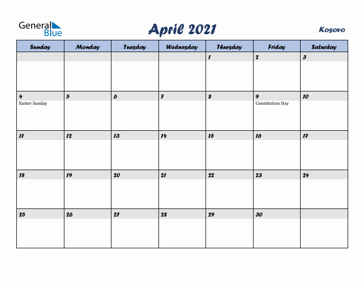 April 2021 Calendar with Holidays in Kosovo