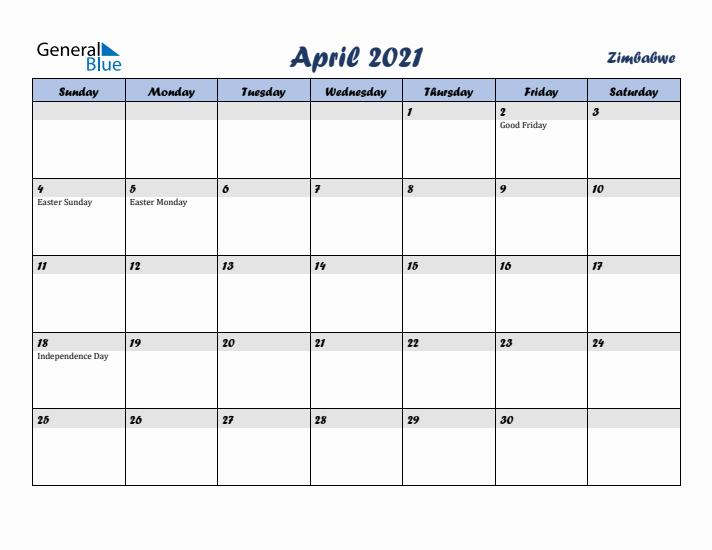 April 2021 Calendar with Holidays in Zimbabwe