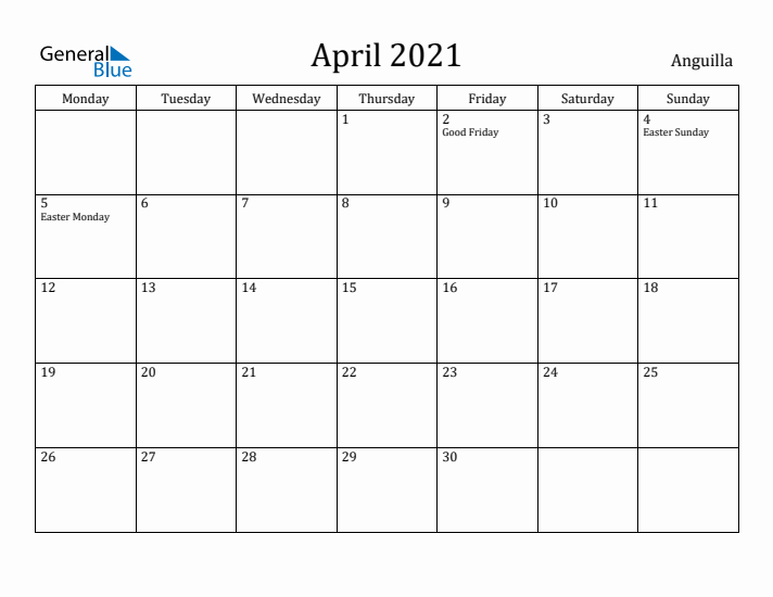 April 2021 Calendar Anguilla