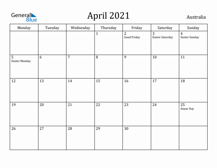 April 2021 Calendar Australia