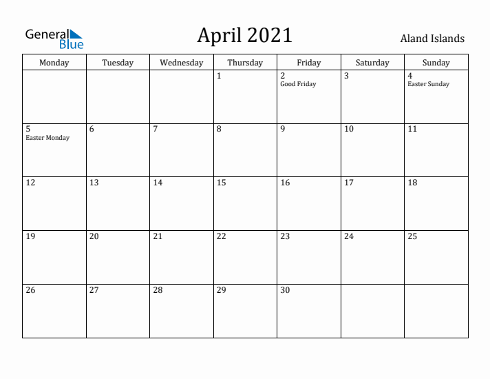 April 2021 Calendar Aland Islands