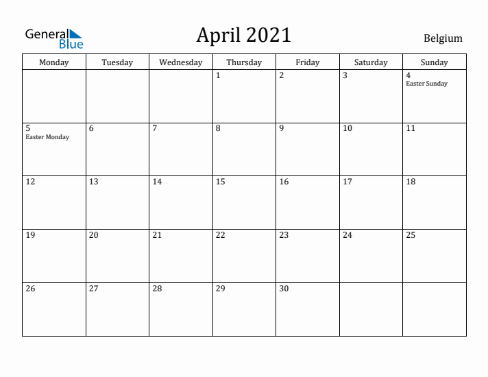 April 2021 Calendar Belgium