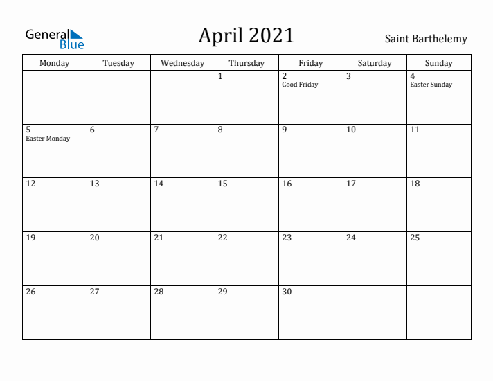 April 2021 Calendar Saint Barthelemy