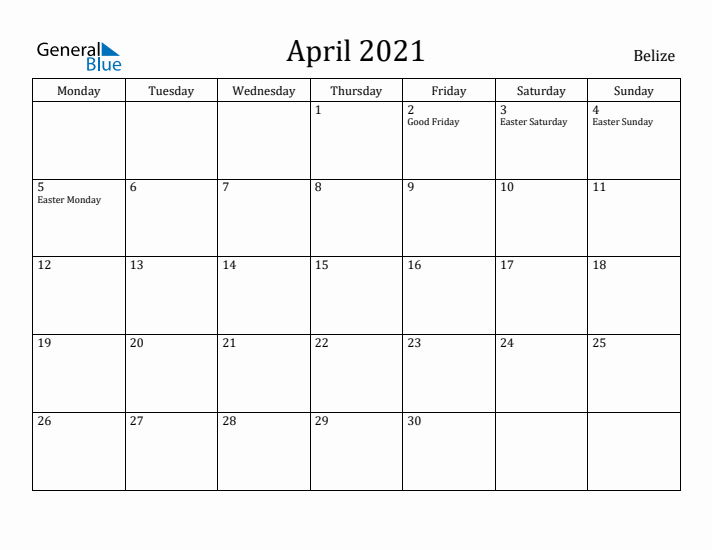 April 2021 Calendar Belize