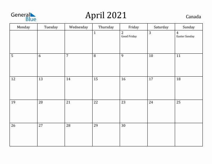 April 2021 Calendar Canada