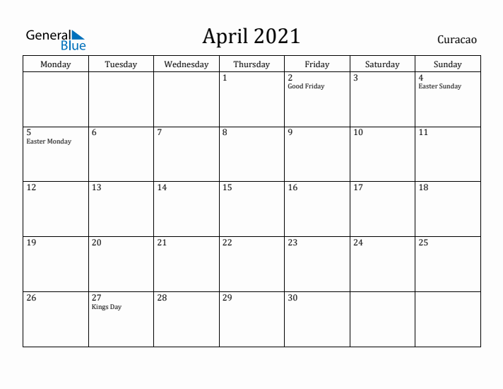 April 2021 Calendar Curacao