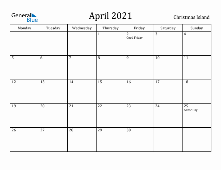 April 2021 Calendar Christmas Island