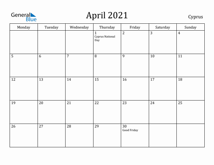 April 2021 Calendar Cyprus