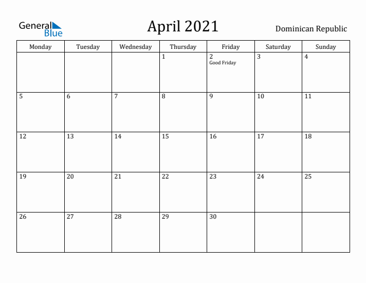 April 2021 Calendar Dominican Republic