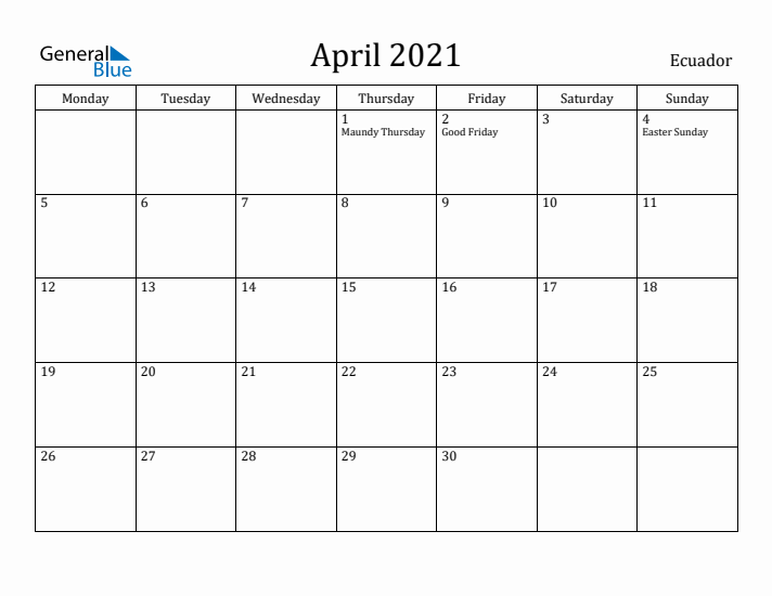 April 2021 Calendar Ecuador