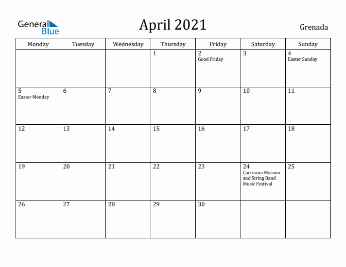 April 2021 Calendar Grenada